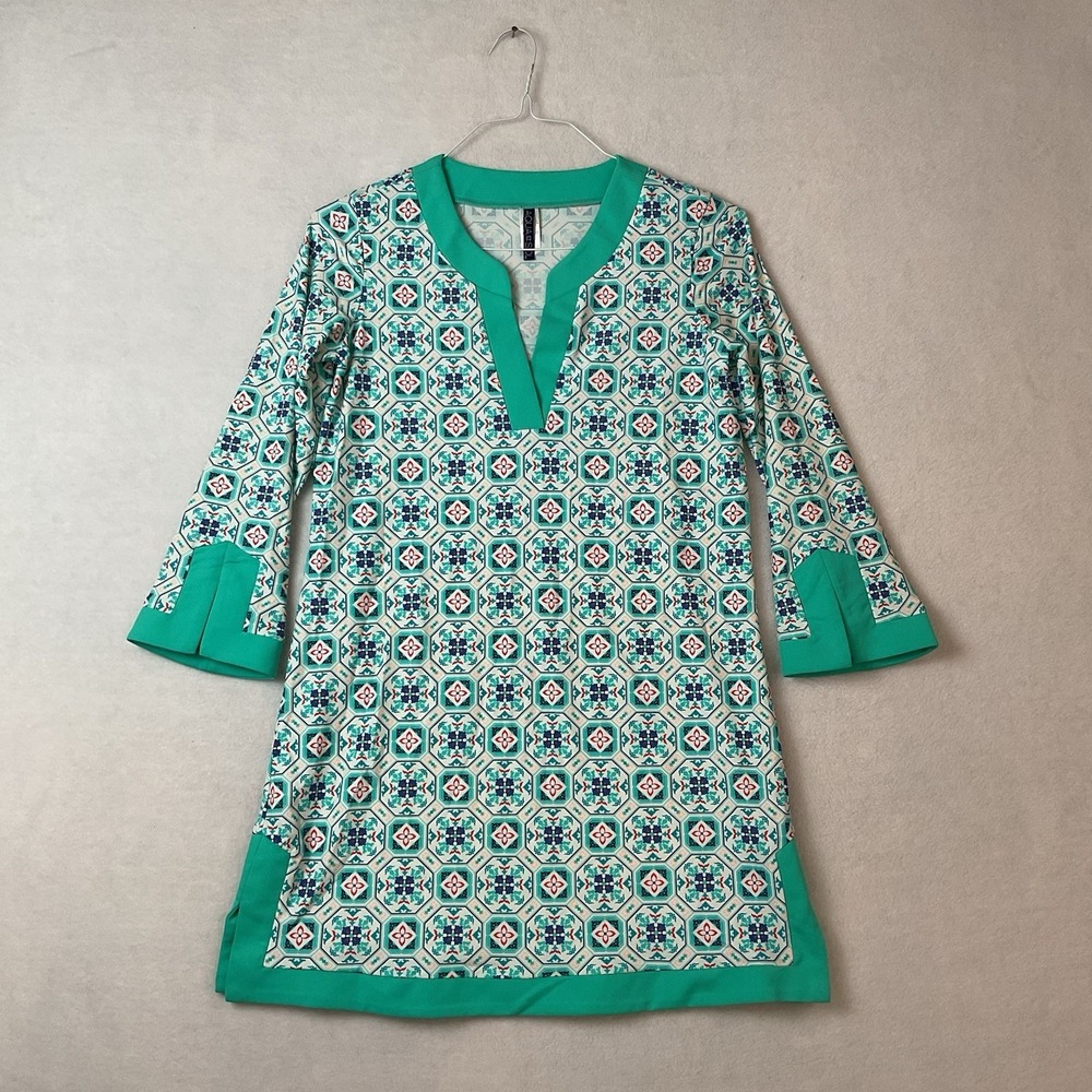 Aqua Et Sol Swim Coverup Dress Womens S Green Floral Geometric Stretch Knit
